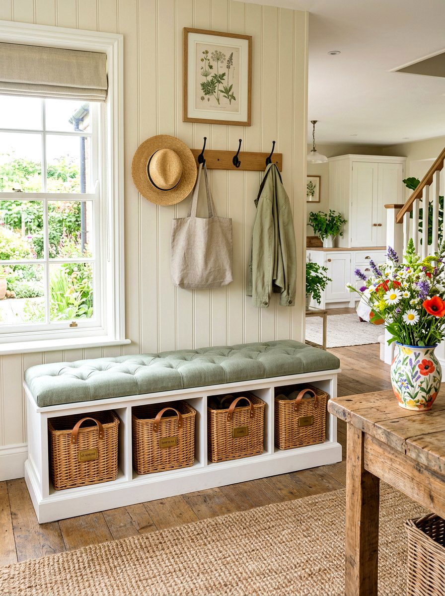 Upholstered Bench Wicker Baskets - 30 kitchen banquette storage ideas