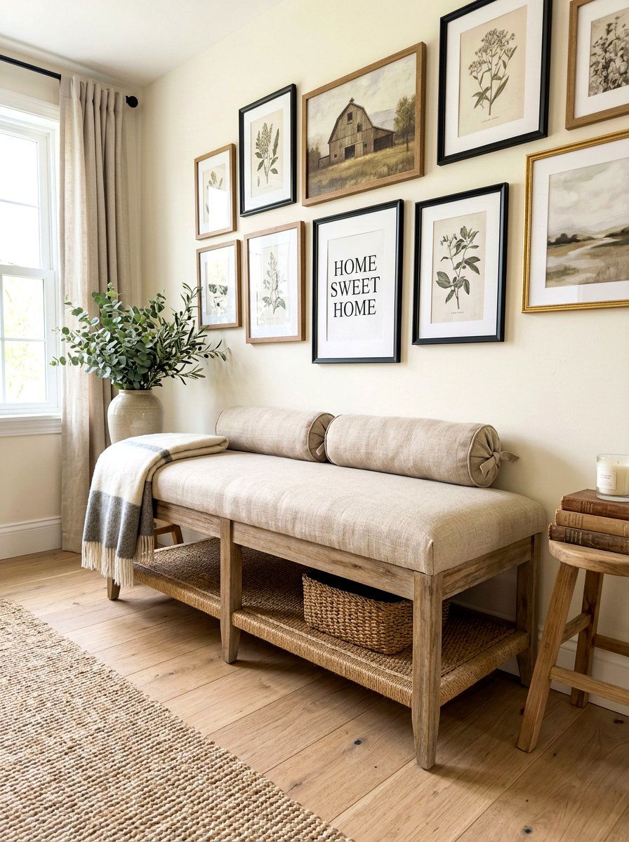 Upholstered Farmhouse Bench With Bolster Pillows - 30 farmhouse entryway bench ideas