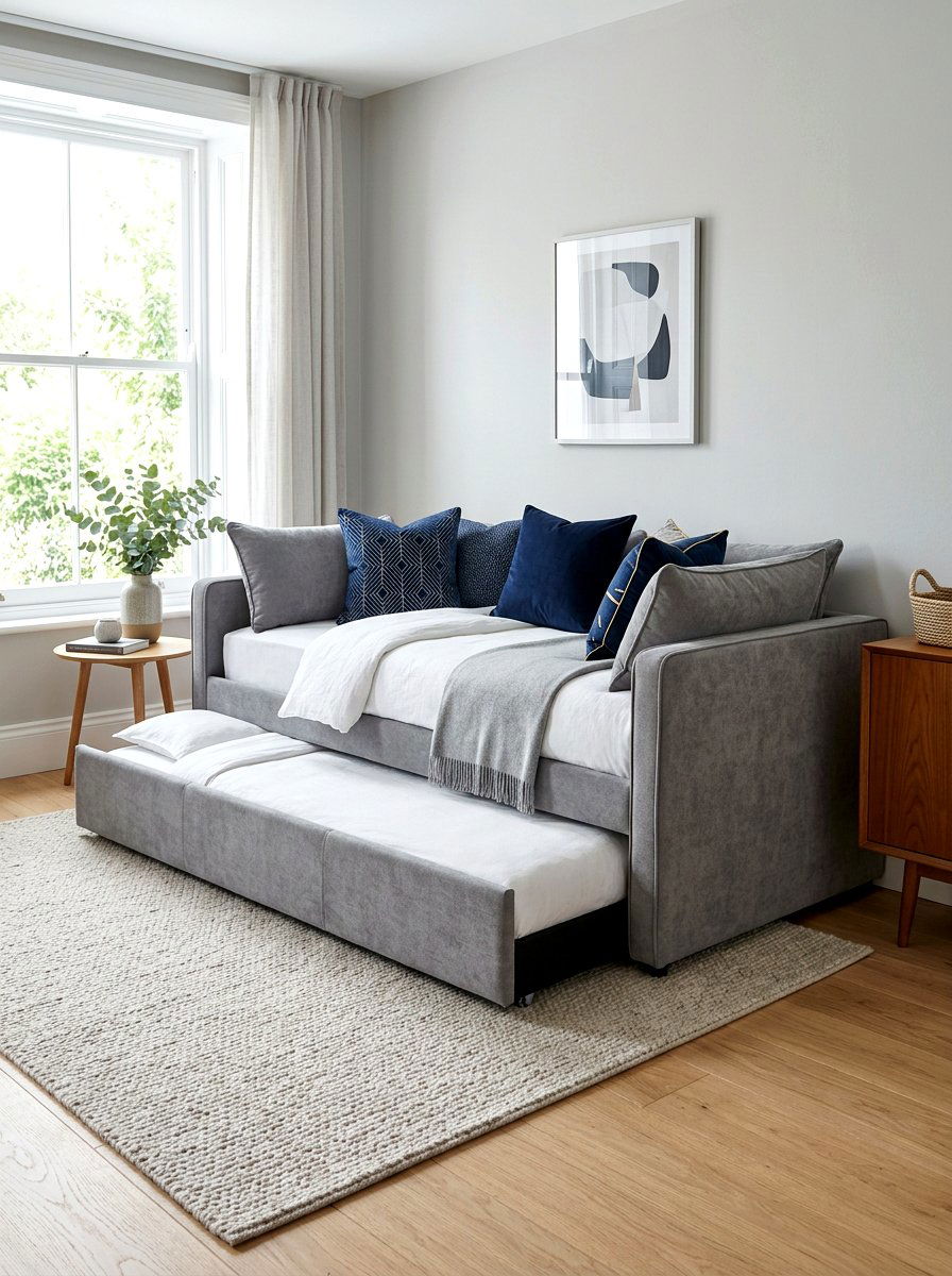 Upholstered Gray Daybed Trundle - 30 trundle bed ideas