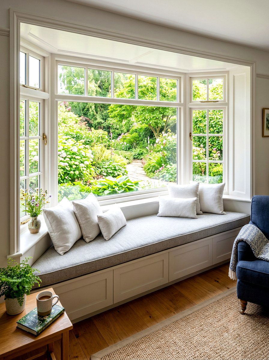 Upholstered Window Bench - 30 quiet room decor ideas