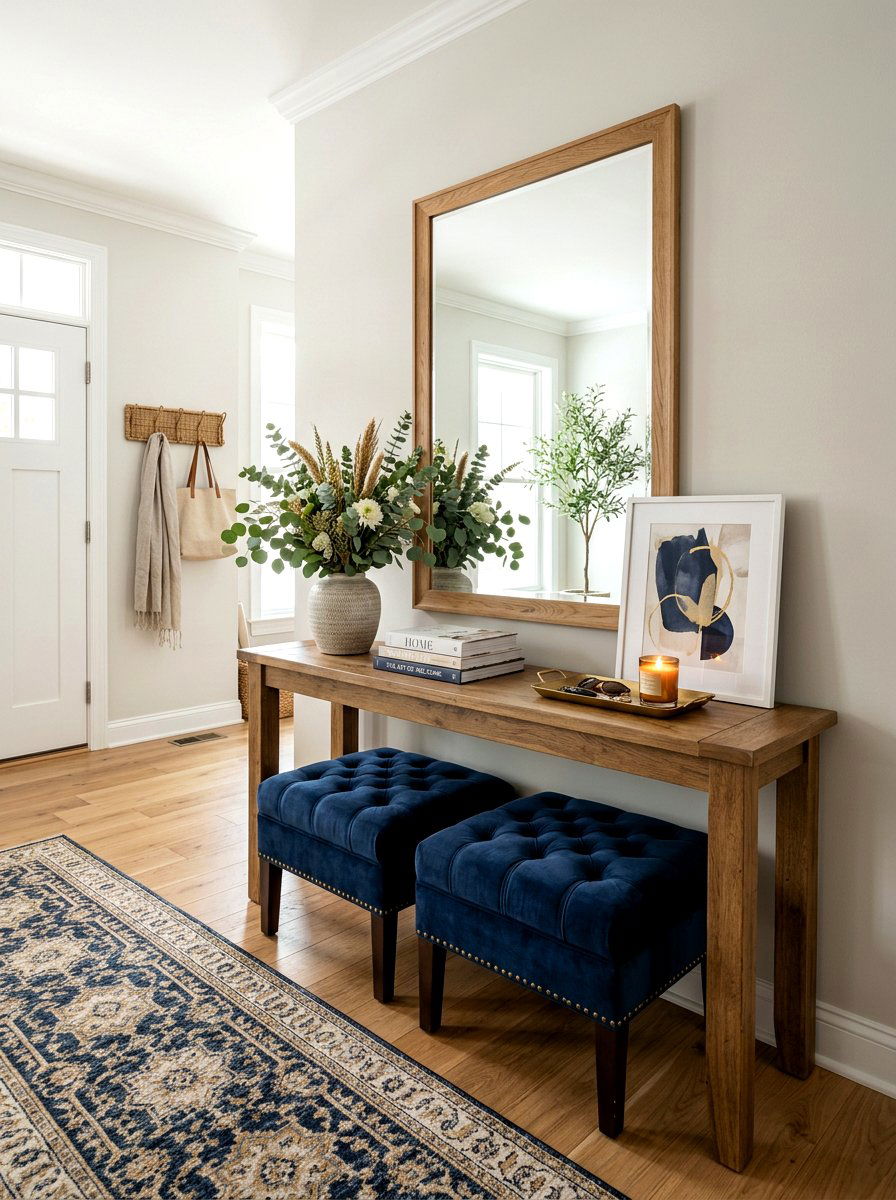 Upholstered ottomans under table - 30 foyer console styling ideas