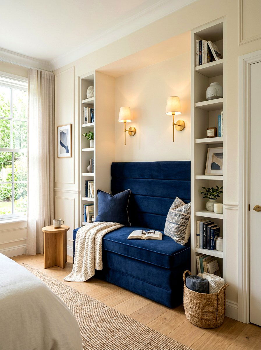 Upholstered reading bench - 30 bedroom alcove seating ideas