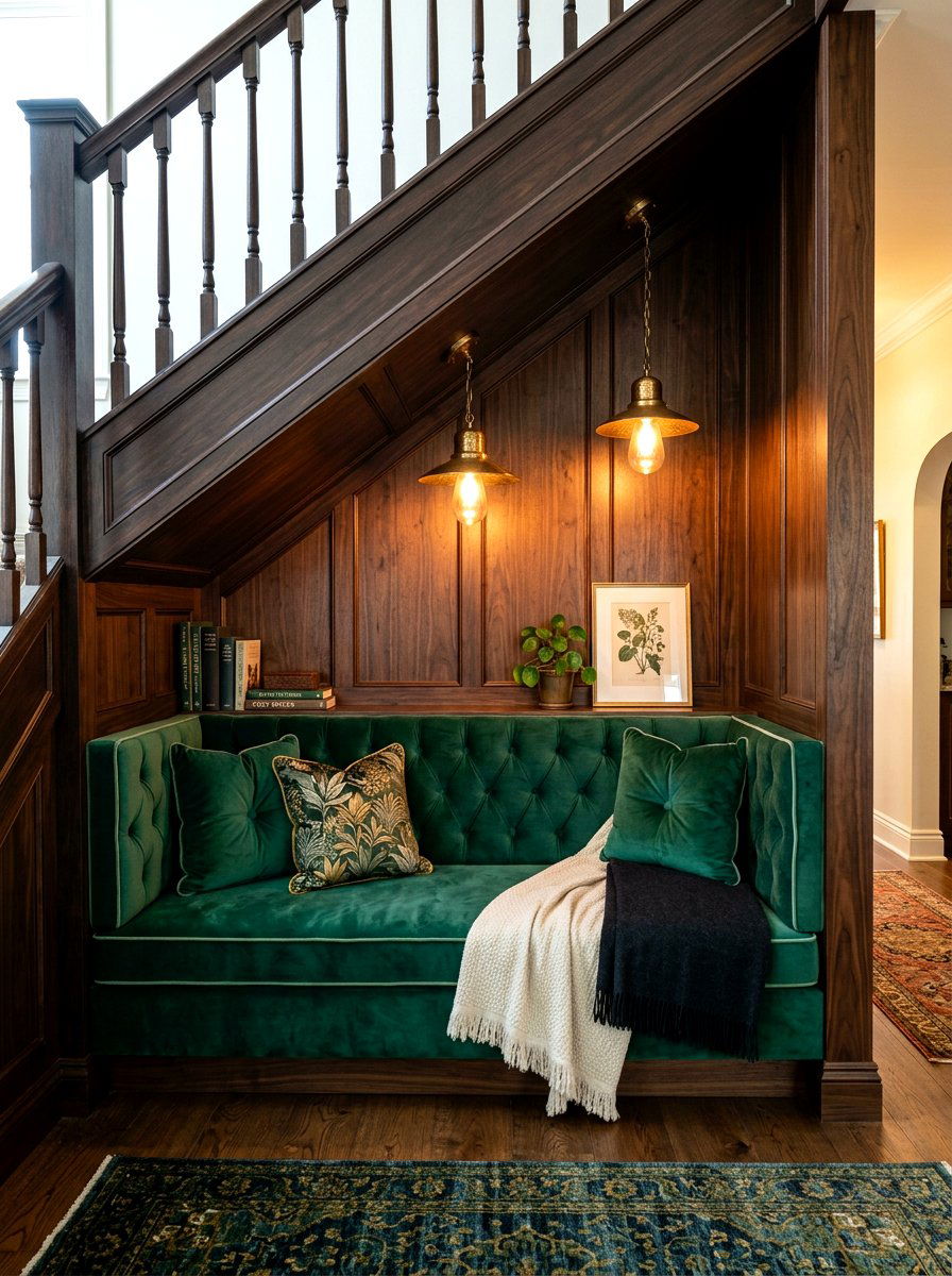 Upholstered seating under stairs - 30 stair nook decor ideas