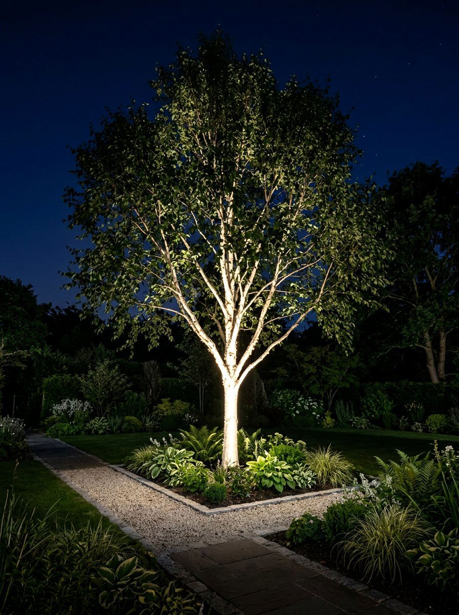 Uplighted Ornamental Tree - 30 moonlight patio garden ideas