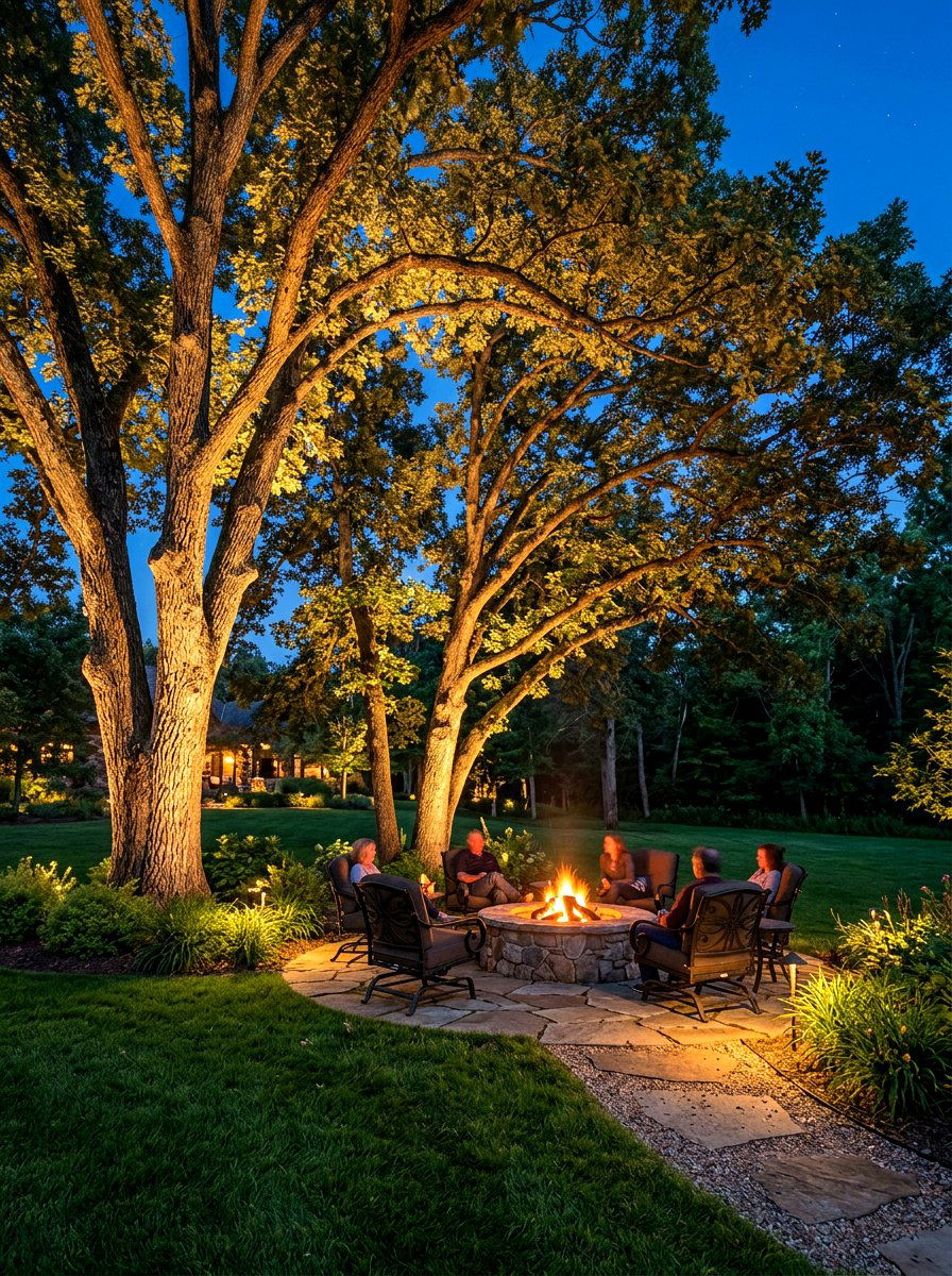 Uplighting Trees Fire Pit Area - 30 fire pit lighting ideas