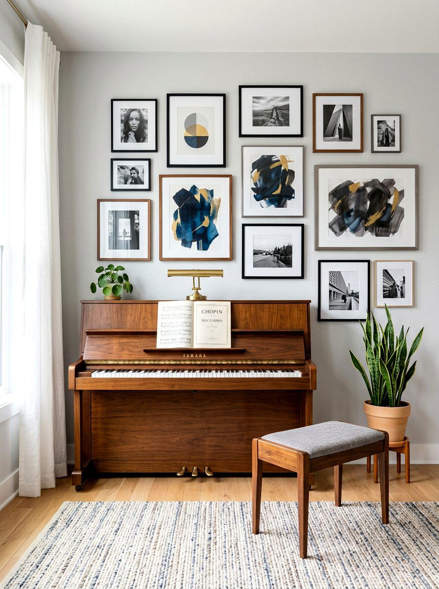 Upright piano gallery wall - 30 piano living room ideas