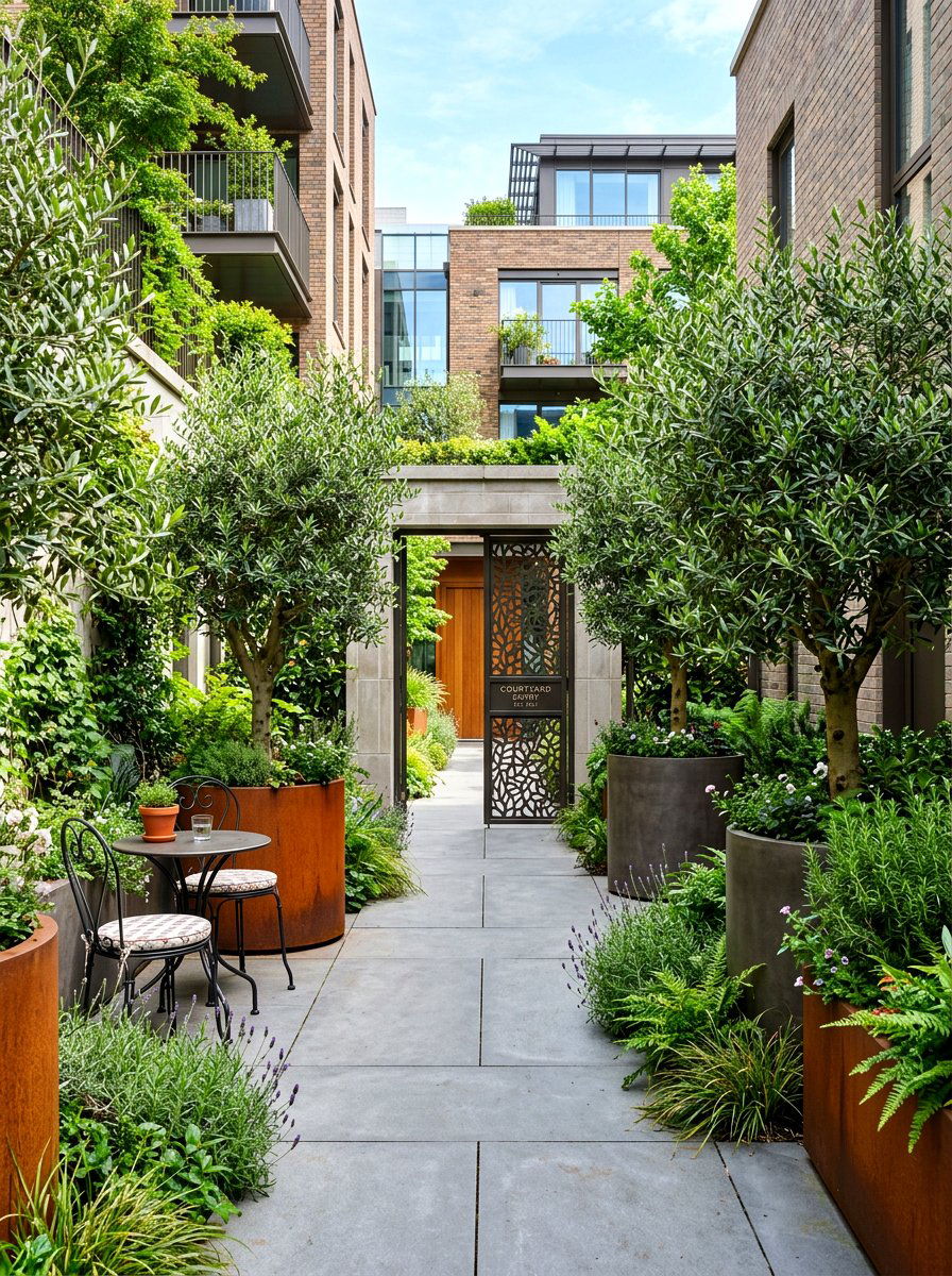 Urban Courtyard Entry - 30 potted olive tree entry ideas