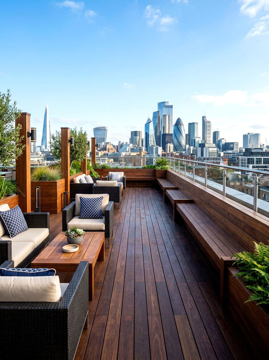 Urban Rooftop Hardwood Lounge - 30 warm wood patio lounge ideas