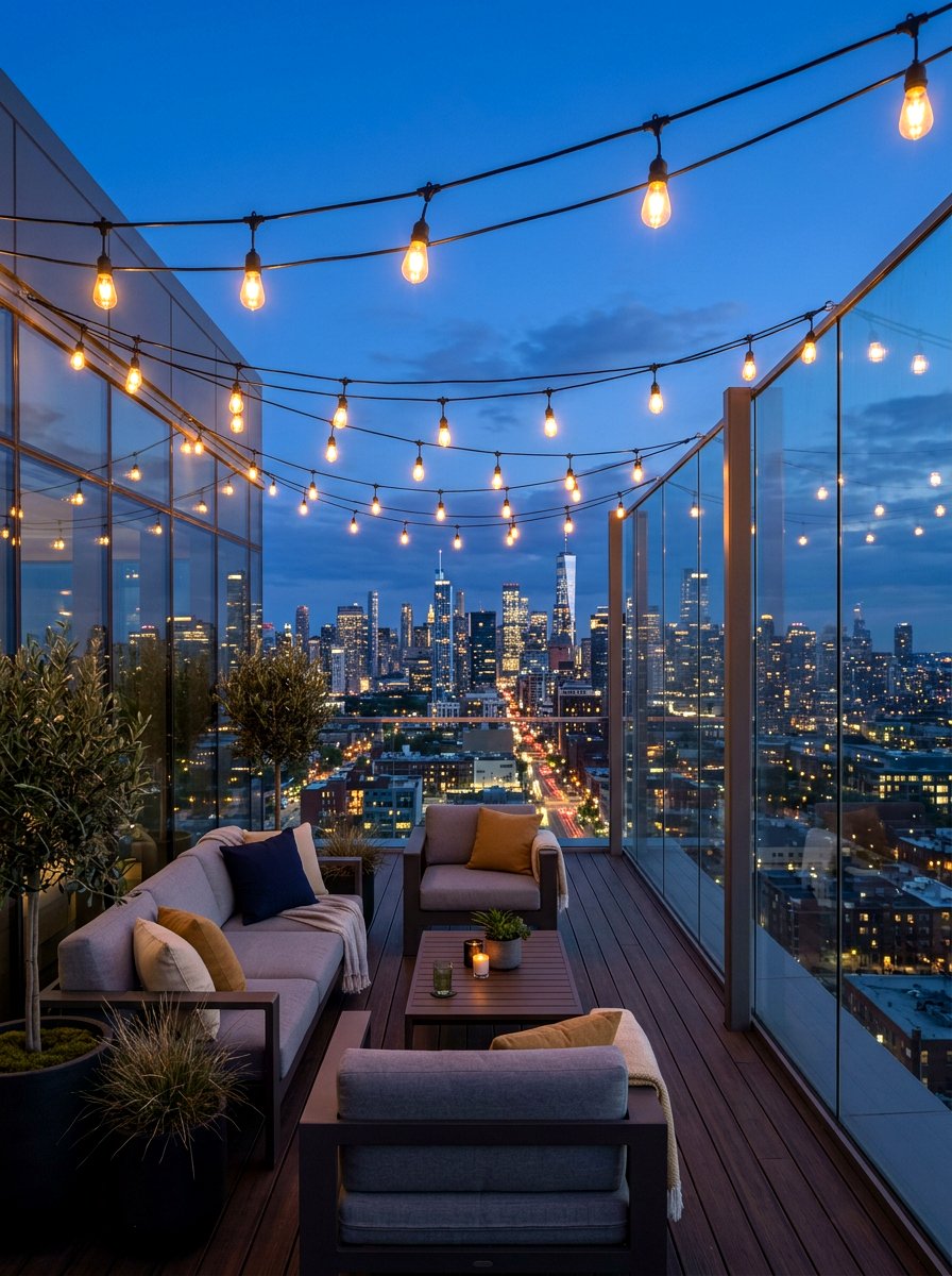 Urban Rooftop String Lights - 30 bistro lights patio ideas