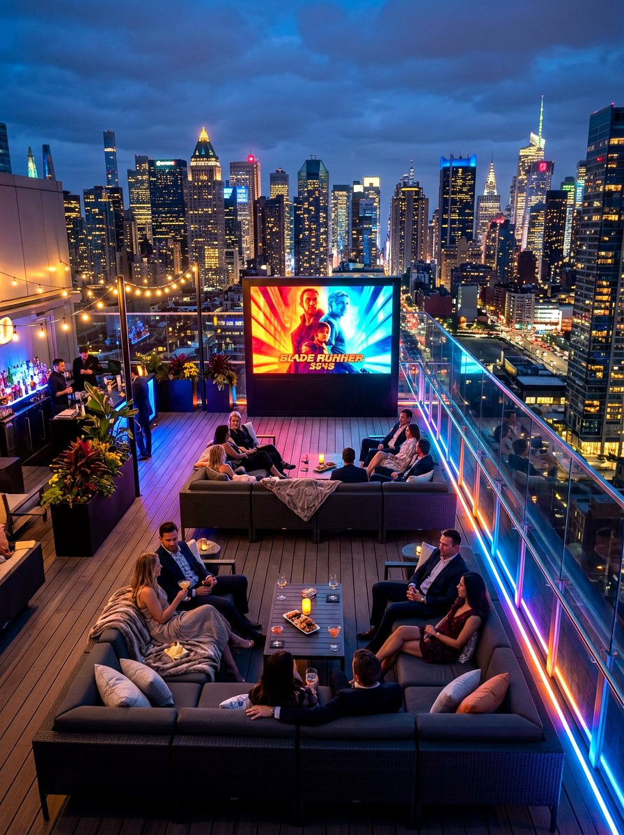 Urban Rooftop Terrace Lounge - 30 outdoor movie patio ideas