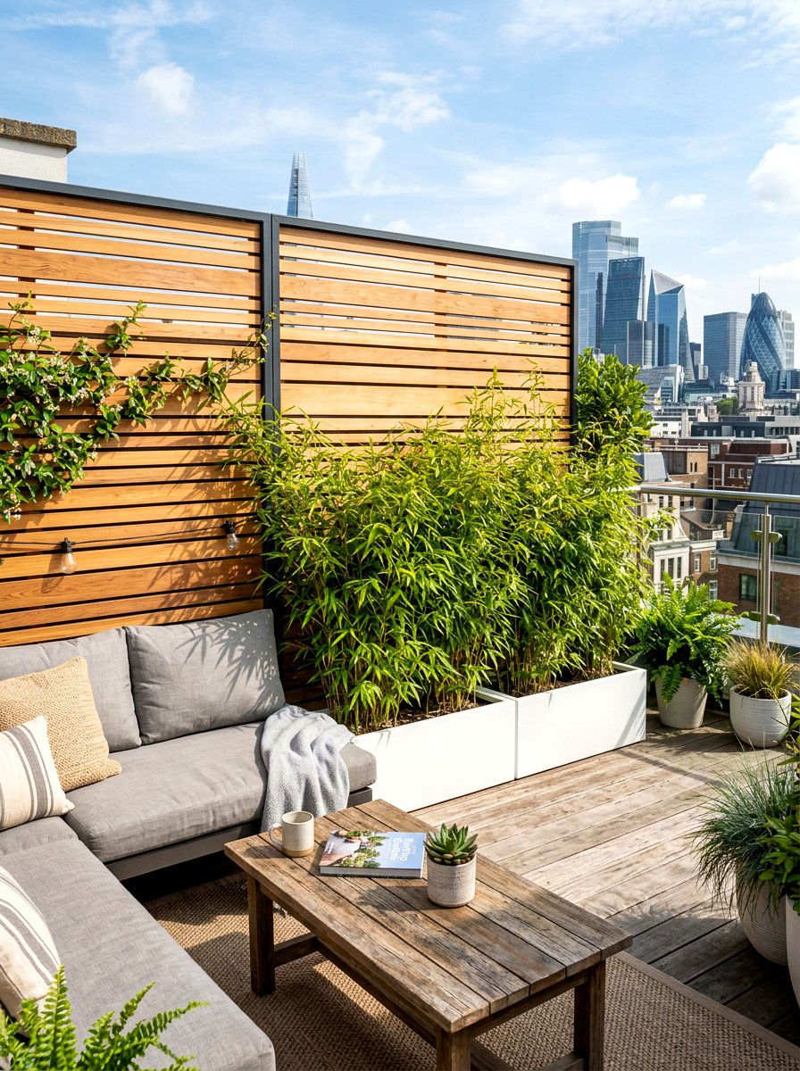 Urban rooftop privacy screen - 30 rooftop deck lounge ideas