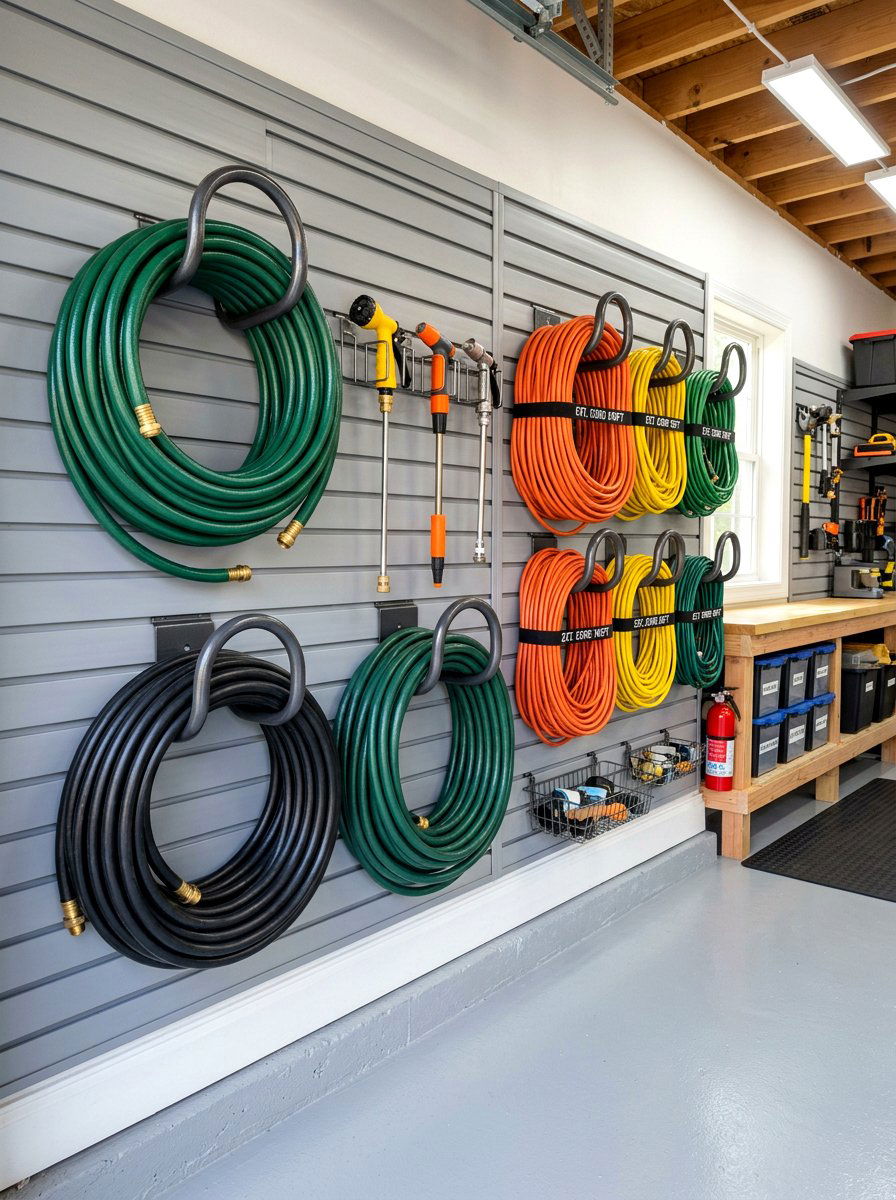 Utility hose storage wall - 30 garage slatwall ideas