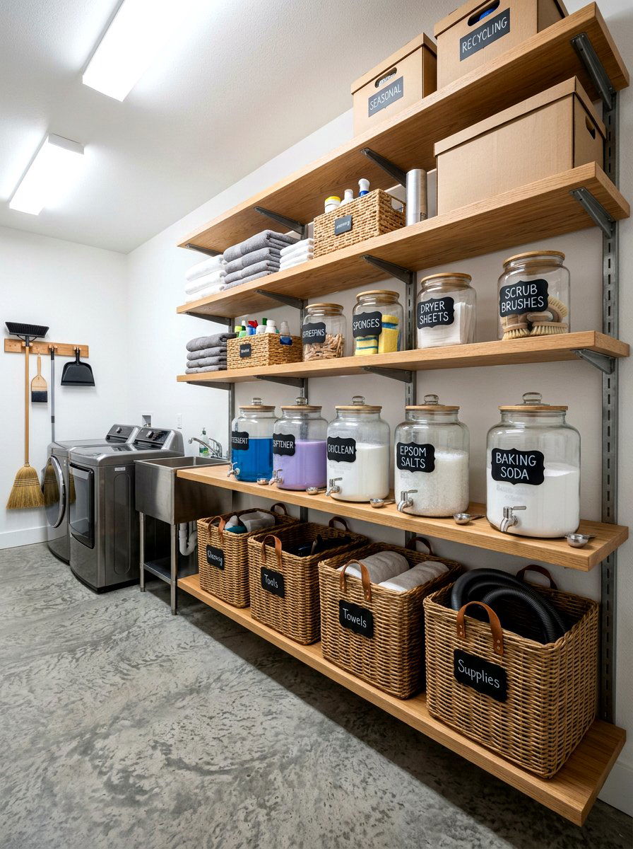 Utility room shelving system - 30 green cleaning station ideas