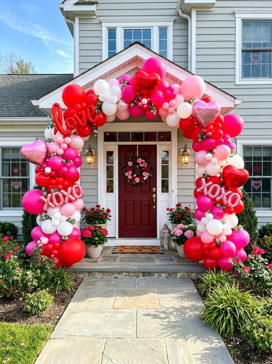 Valentine Balloon Arch - 30 front porch Valentine decor ideas