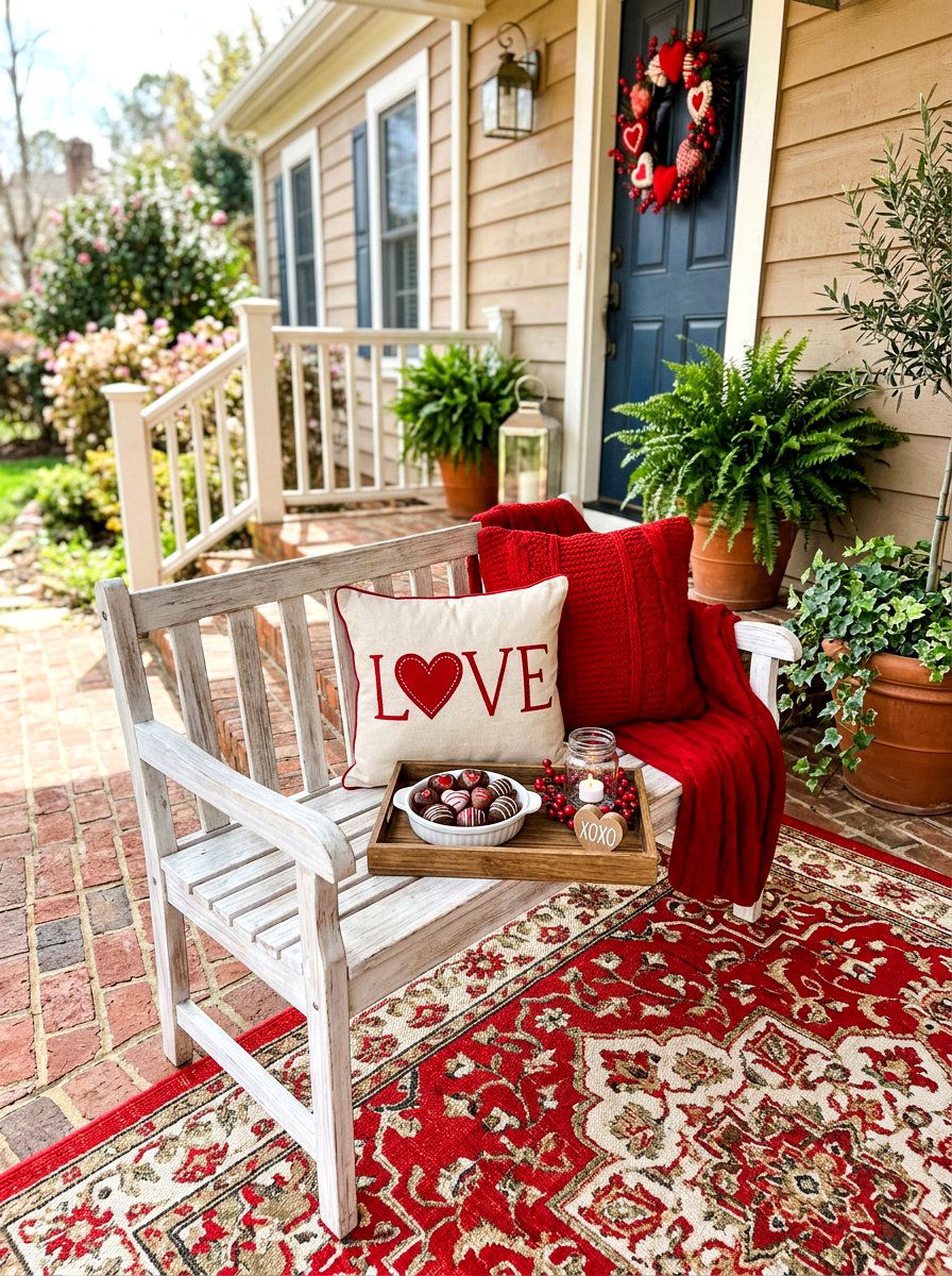Valentine Bench Decor - 30 front porch Valentine decor ideas