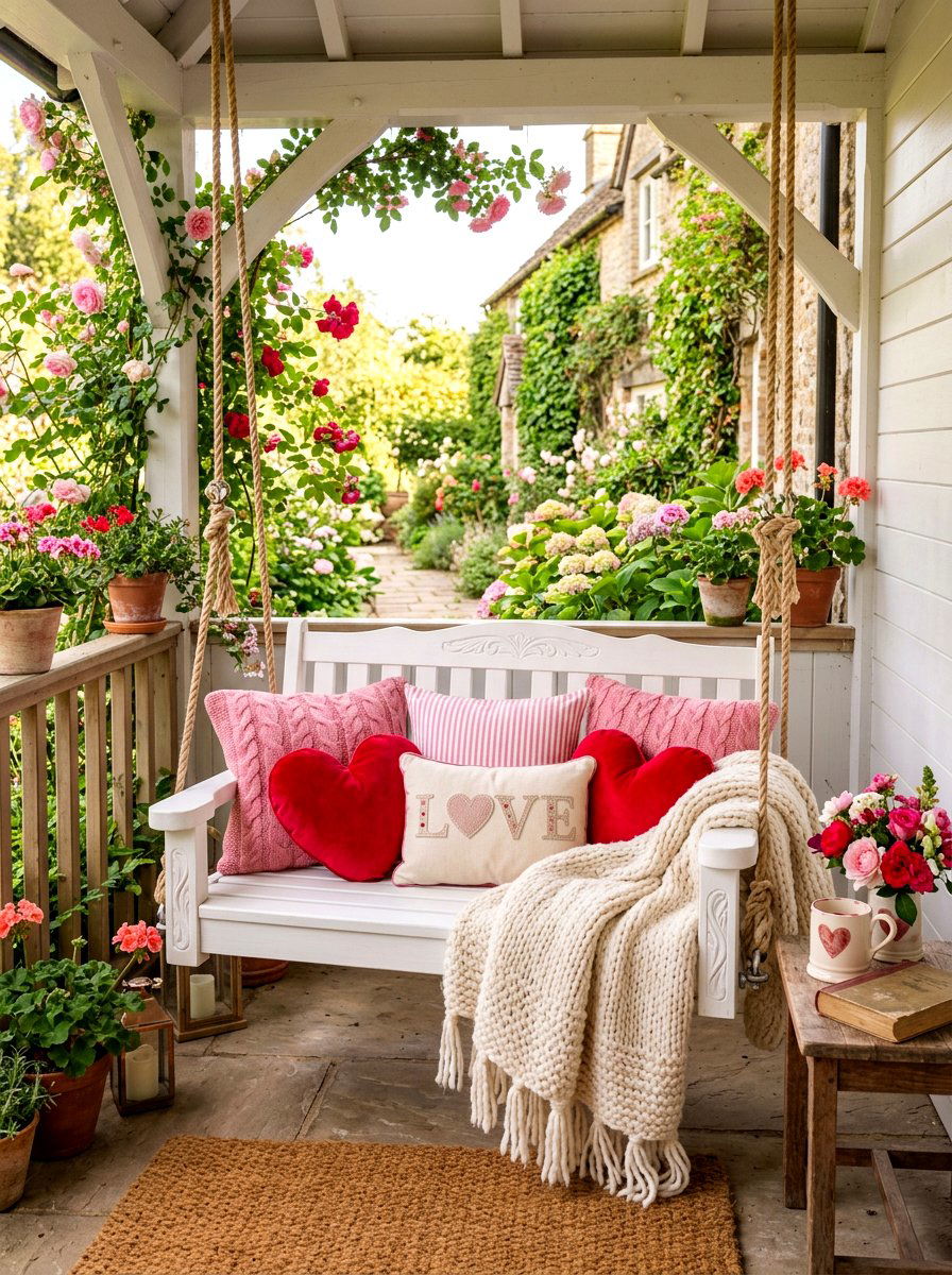 Valentine Porch Swing - 30 front porch Valentine decor ideas