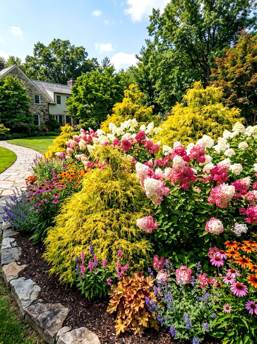 Vanilla Strawberry hydrangea and gold thread cypress - 30 evergreen and hydrangea landscape ideas