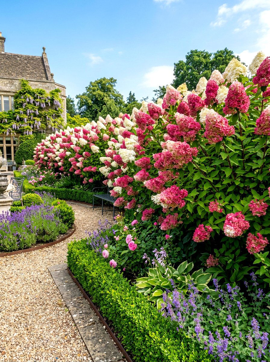 Vanilla strawberry hydrangea tall border - 30 hydrangea hedge ideas