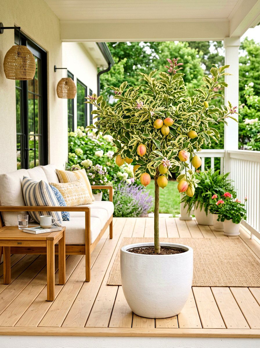 Variegated Pink Lemon Porch Decor - 30 potted citrus front entry ideas