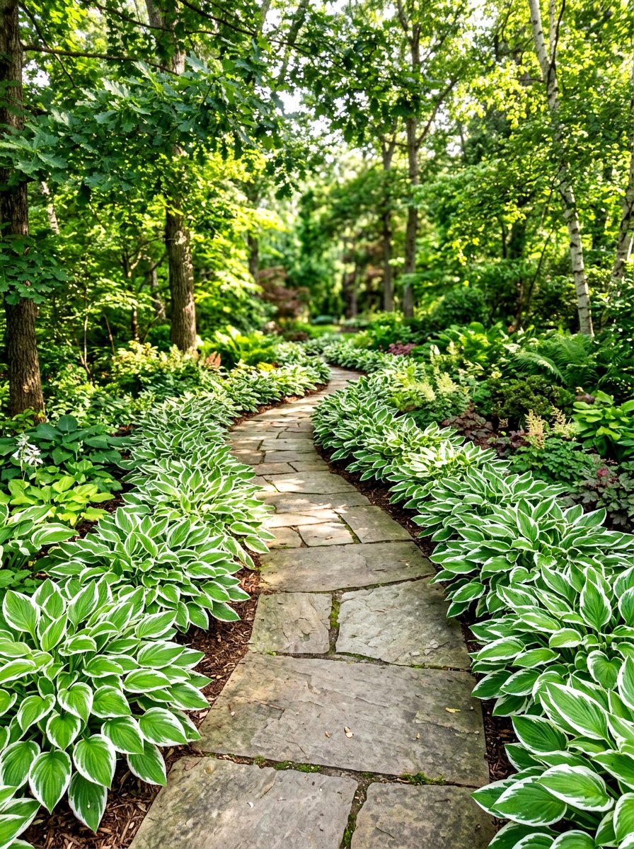 Variegated hosta walkway - 30 hosta border ideas