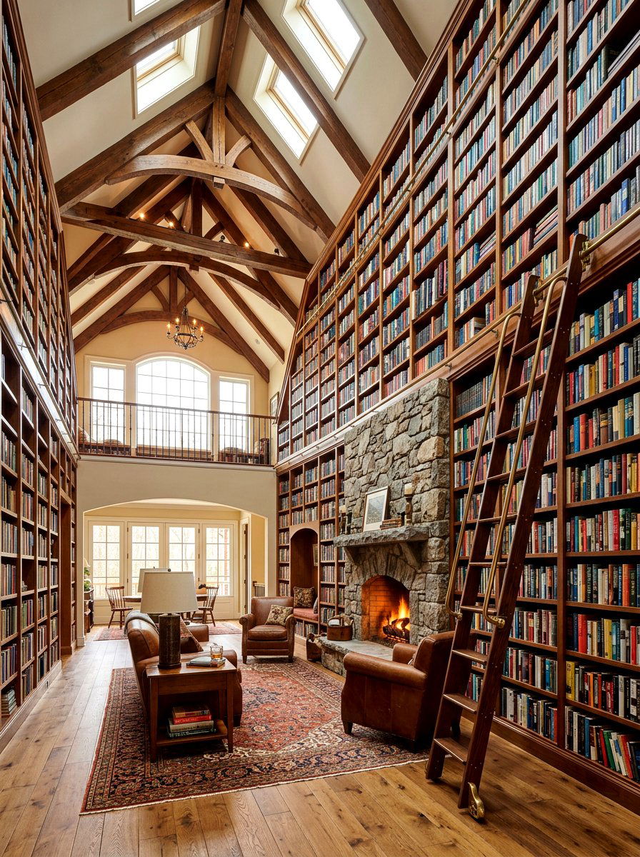 Vaulted Ceiling Bookshelves - 30 library style living room ideas