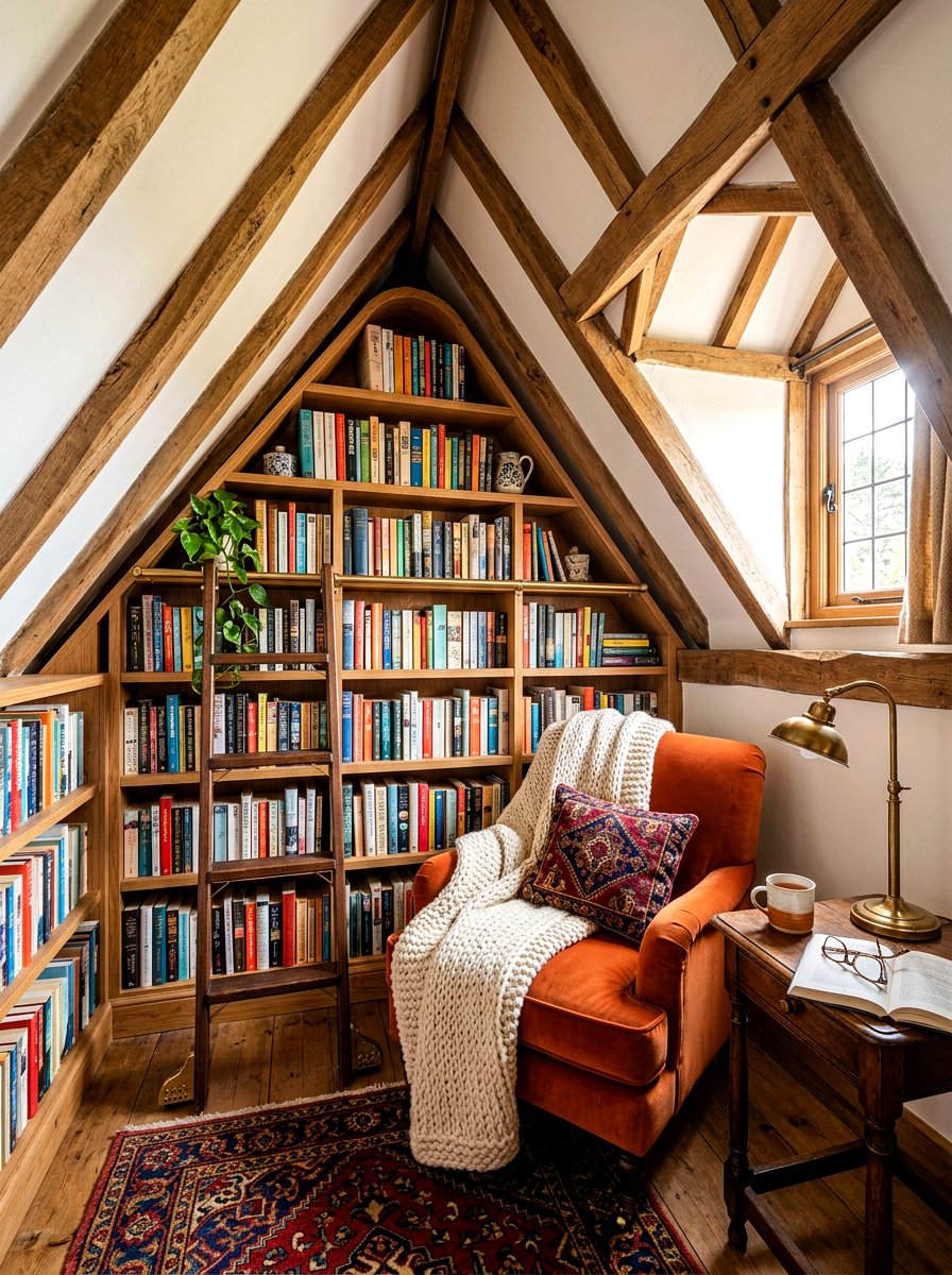 Vaulted ceiling book nook - 30 library ladder ideas