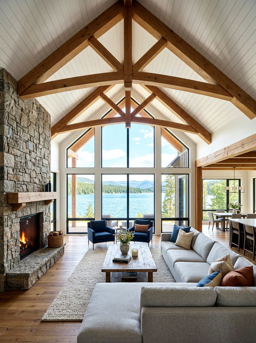 Vaulted ceiling lake house - 30 lake house living room ideas