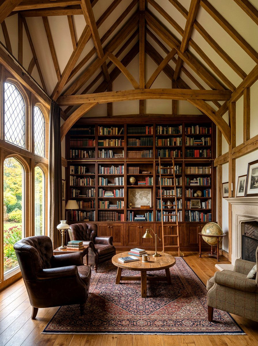 Vaulted living room with library - 30 vaulted living room ideas