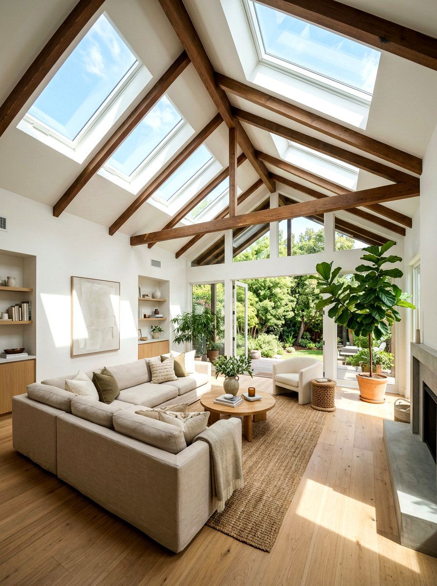 Vaulted living room with skylights - 30 vaulted living room ideas