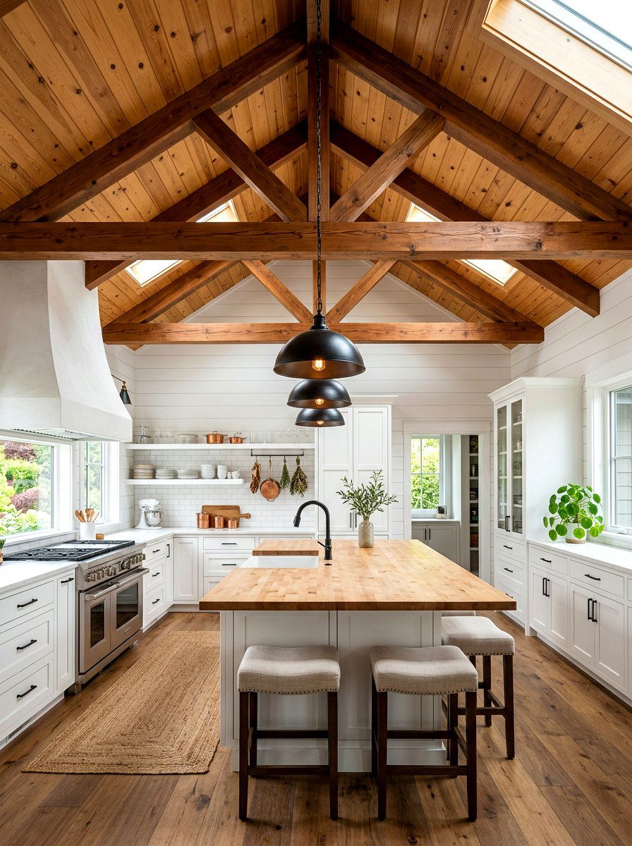 Vaulted wood ceiling - 30 industrial farmhouse kitchen ideas