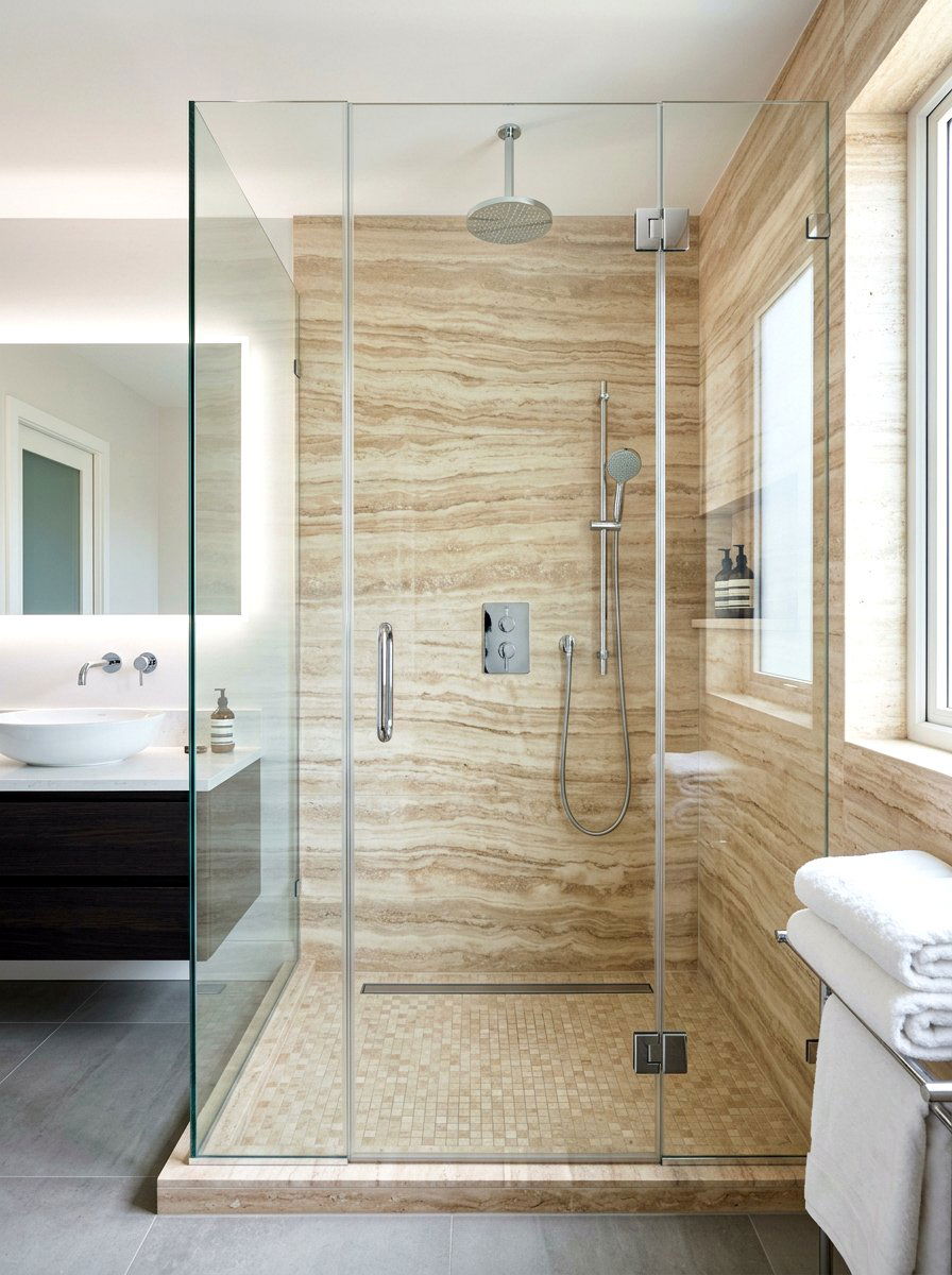 Vein Cut Stone - 30 stone slab shower ideas