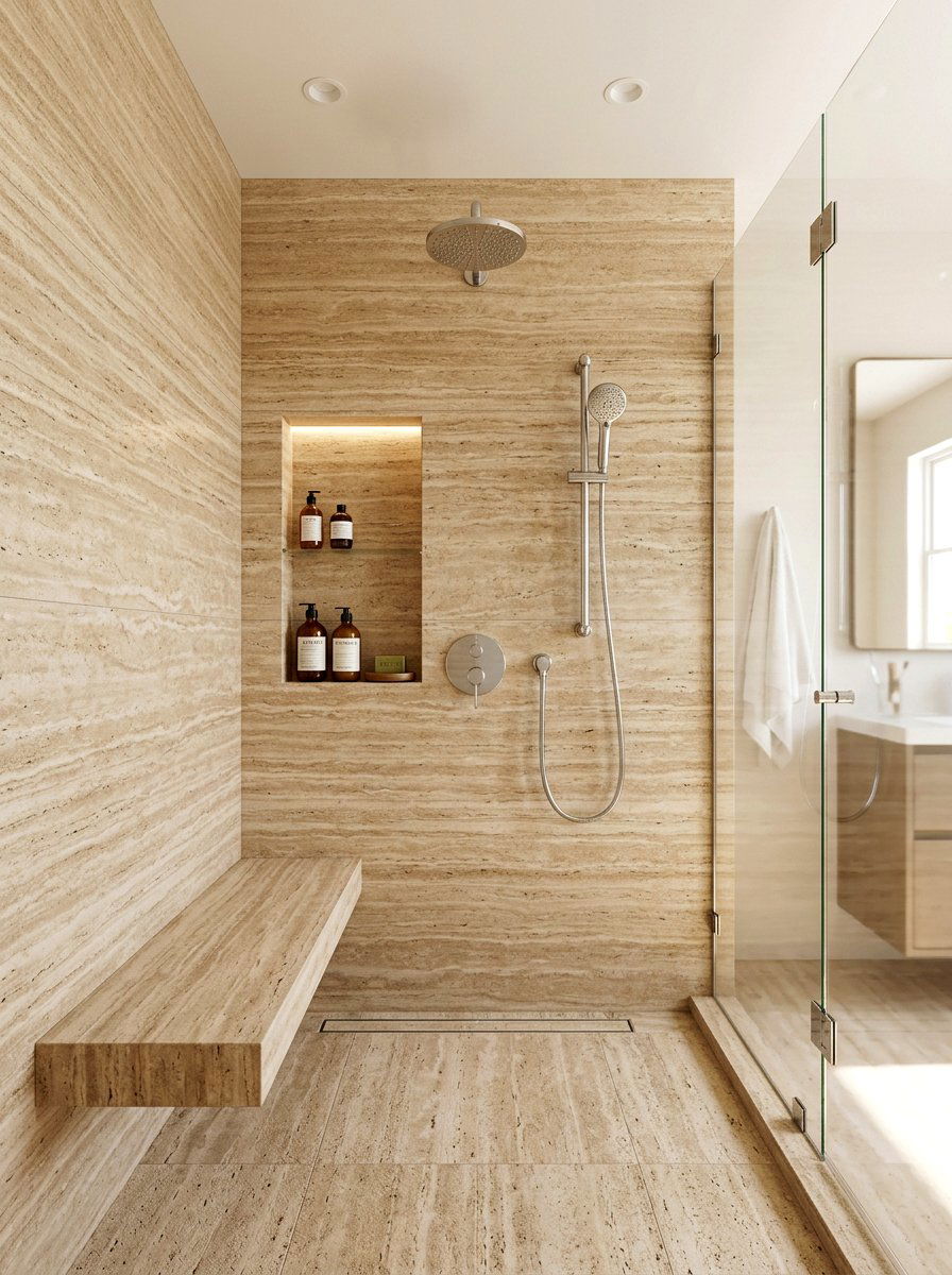 Vein Cut Travertine Shower - 30 stone slab shower wall ideas