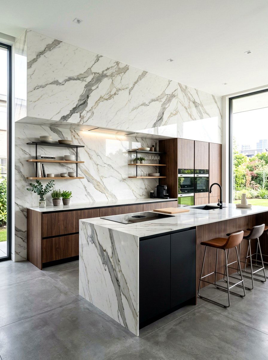 Veined Porcelain Slab Wall - 30 full slab stone wall kitchen ideas