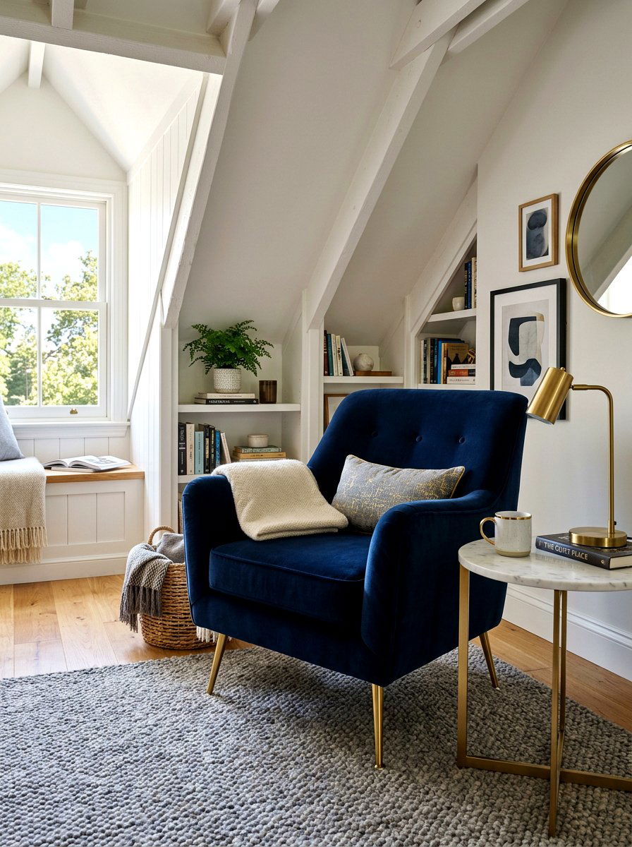 Velour Armchair In Attic Reading Corner - 30 attic reading corner ideas