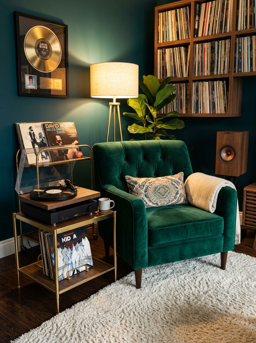 Velvet Armchair Music Listening Area - 30 vinyl listening corner ideas