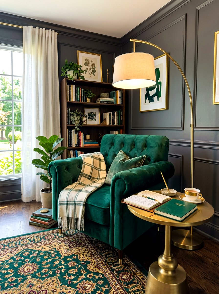 Velvet Armchair Reading Nook - 30 journaling nook ideas