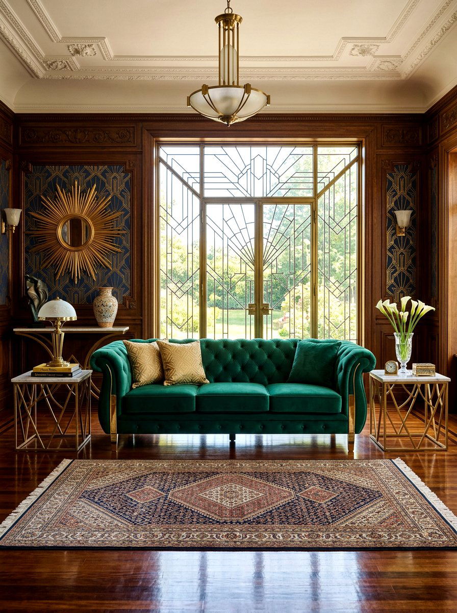 Velvet Art Deco living room sofa - 30 art deco living room ideas