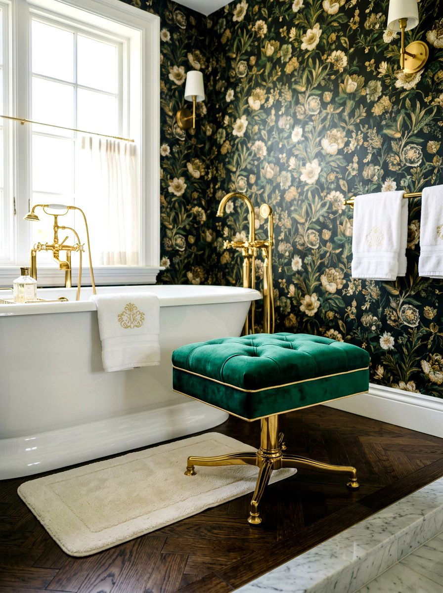 Velvet Bathroom Stool - 30 maximalist bathroom ideas