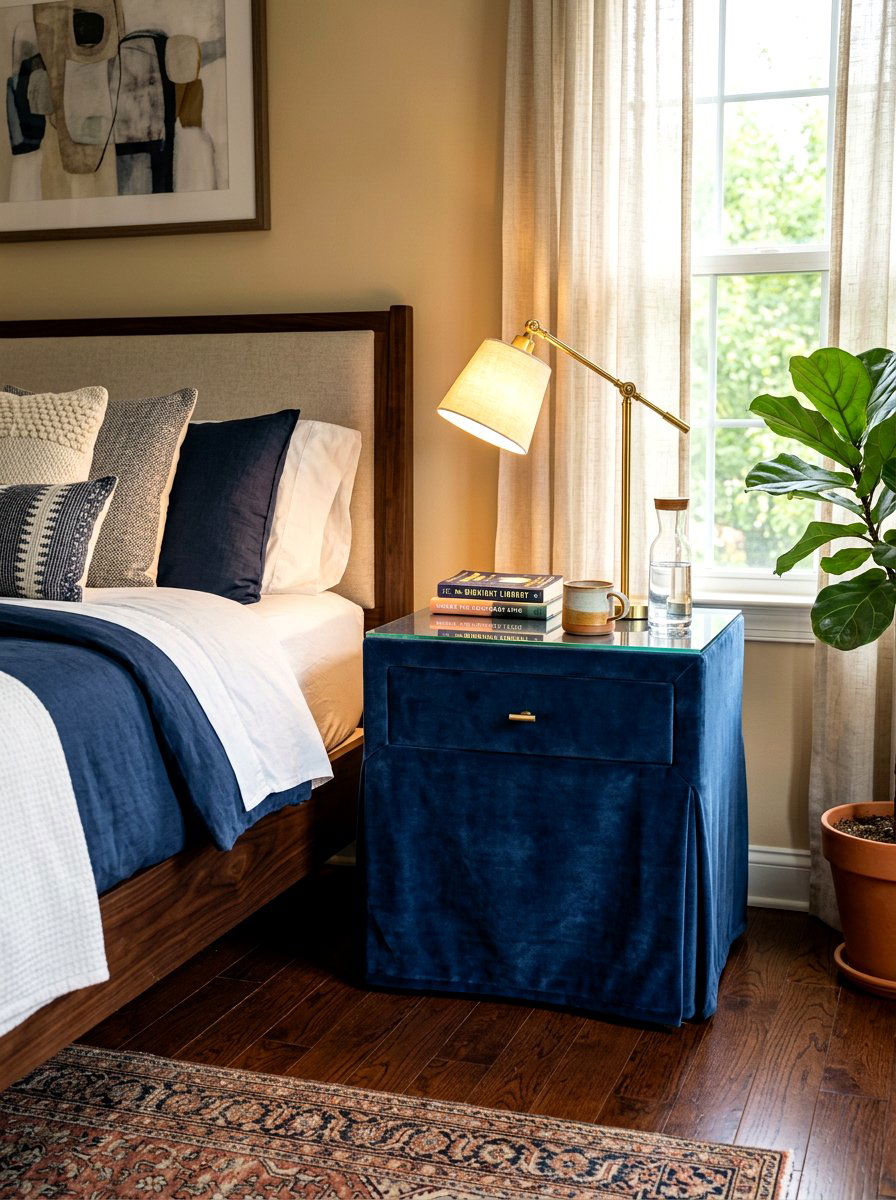 Velvet Bedside Nightstand - 30 skirted table ideas