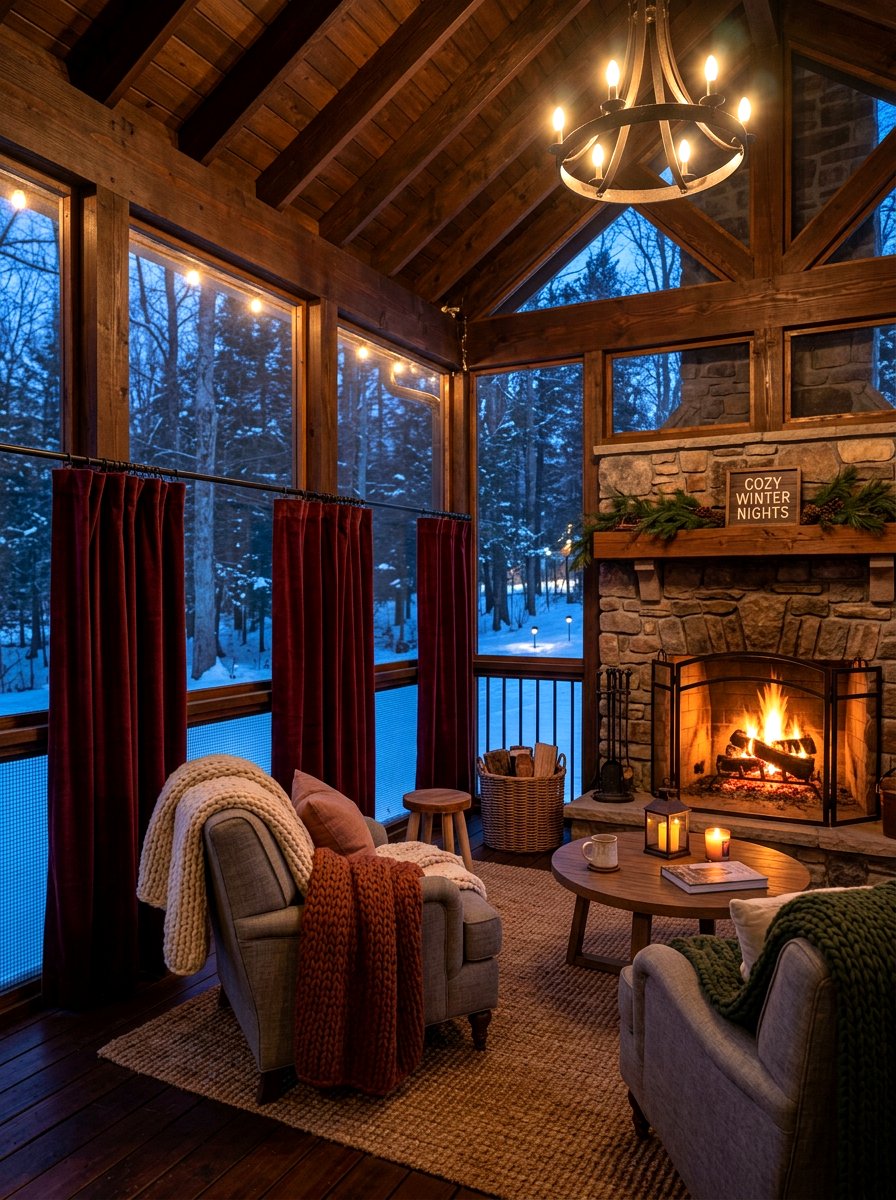 Velvet Cafe Curtains For Winter Porch - 30 porch with cafe curtains ideas