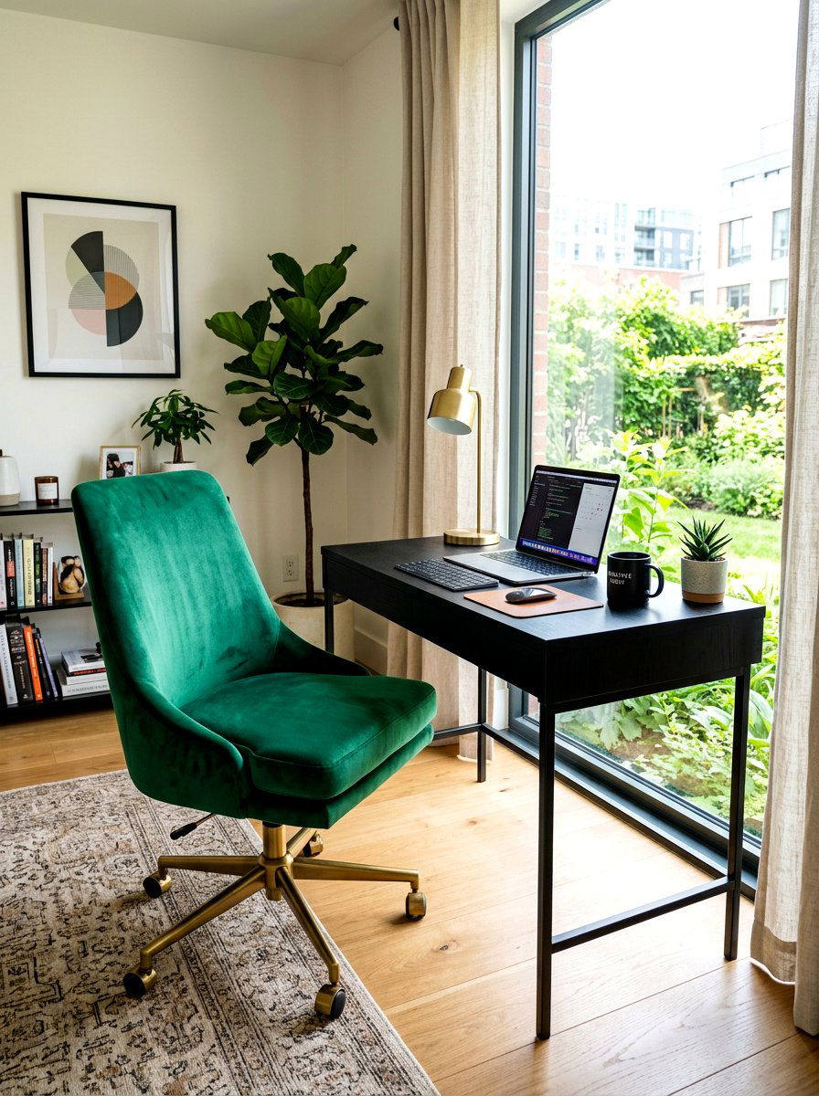 Velvet Chair Workspace - 30 cozy office ideas