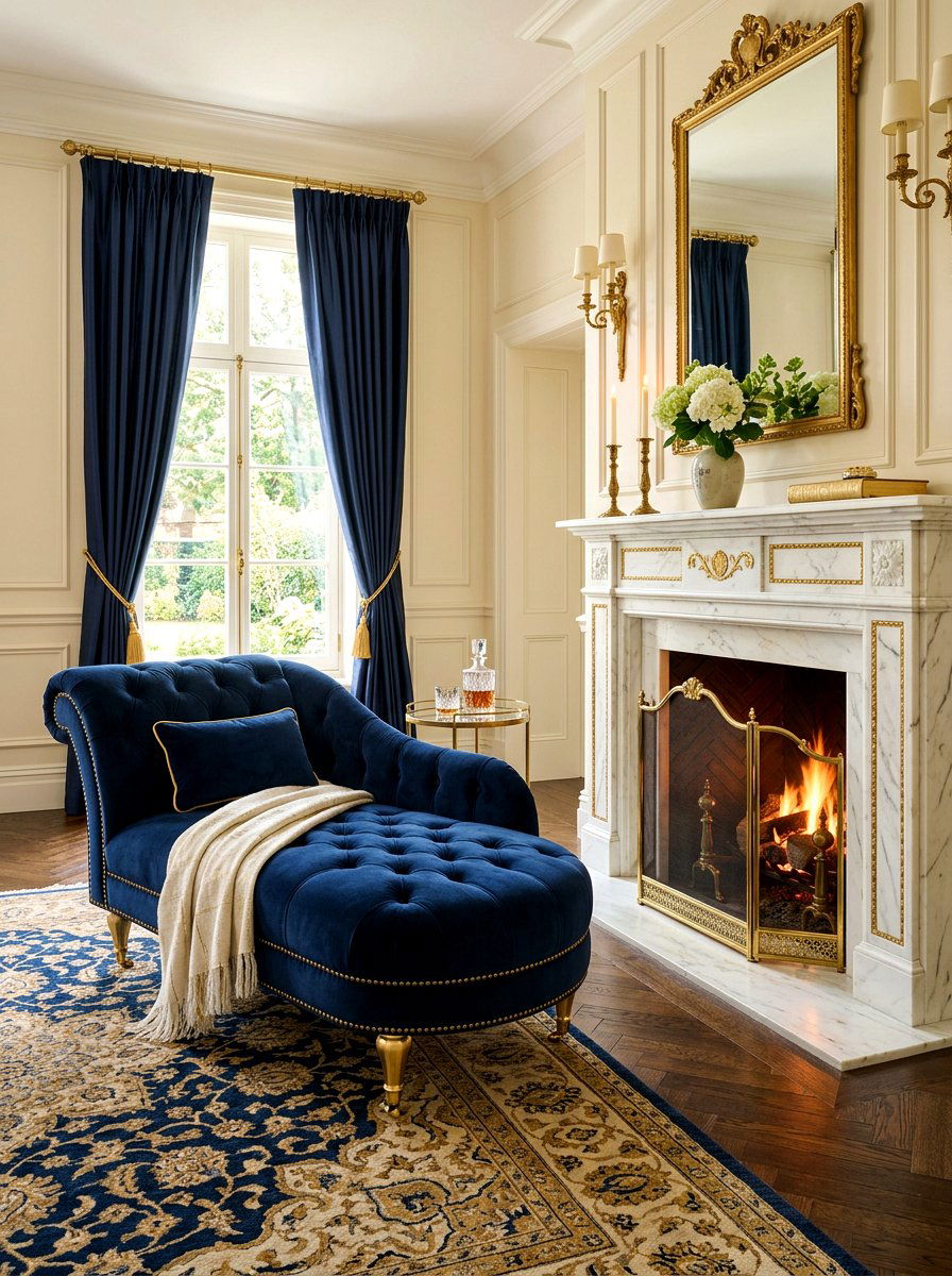 Velvet Chaise Fireplace Lounge - 30 fireplace reading nook ideas