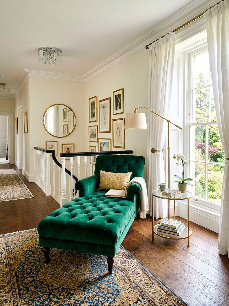 Velvet Chaise Landing - 30 landing reading nook ideas