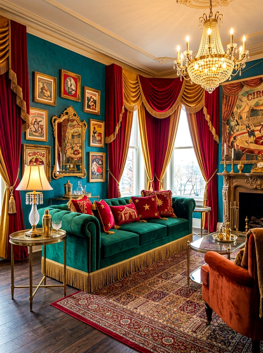 Velvet Circus Living Room - 30 circus inspired living room ideas