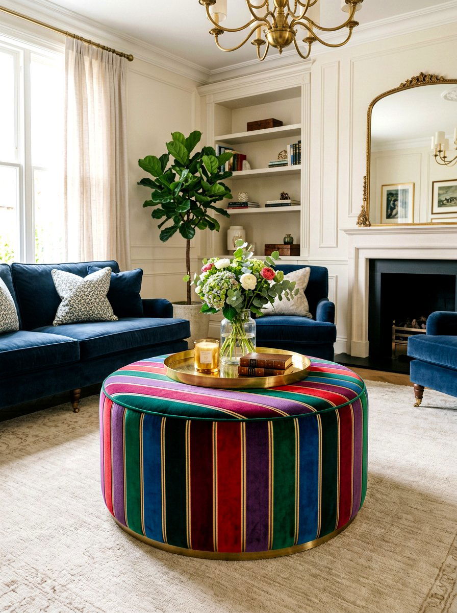 Velvet Circus Stripe Ottoman - 30 circus stripe living room ideas