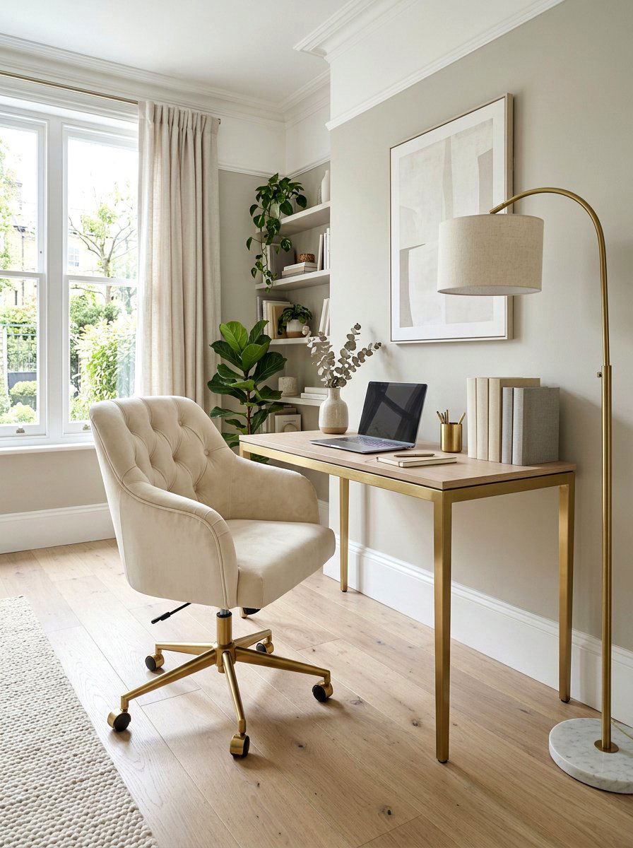 Velvet Cream Desk Chair - 30 calm neutral office ideas