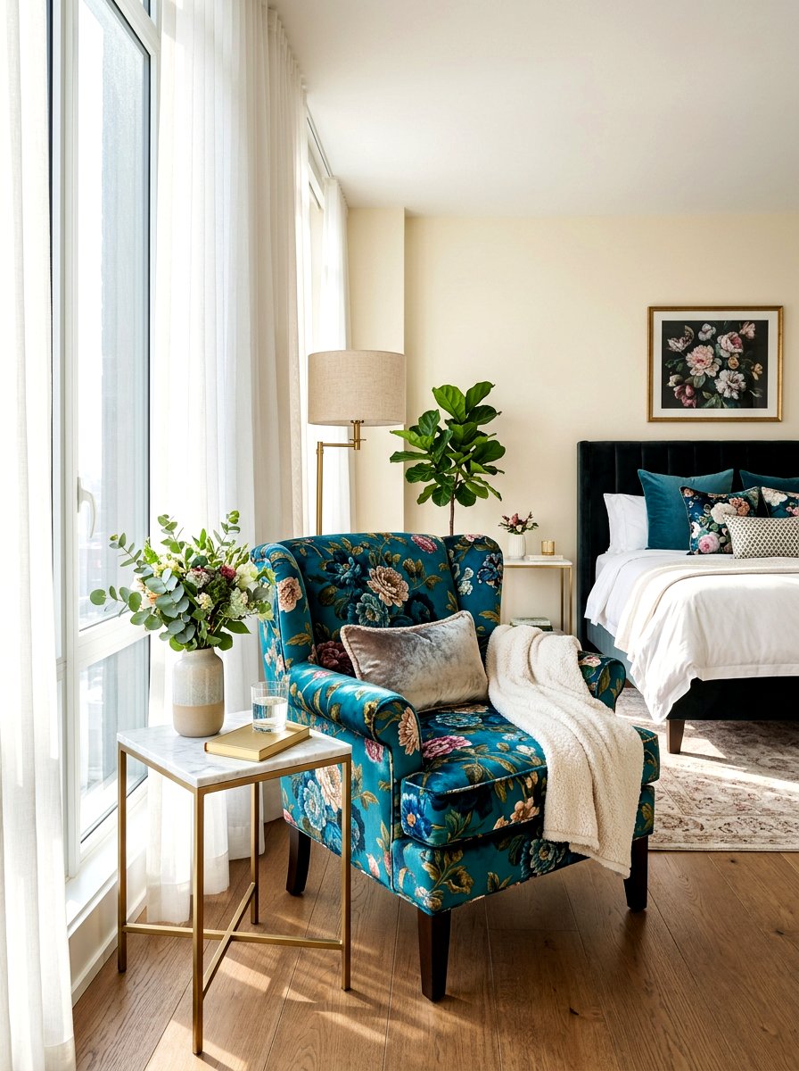 Velvet Floral Armchair Bedroom - 30 dark floral bedroom aesthetic ideas