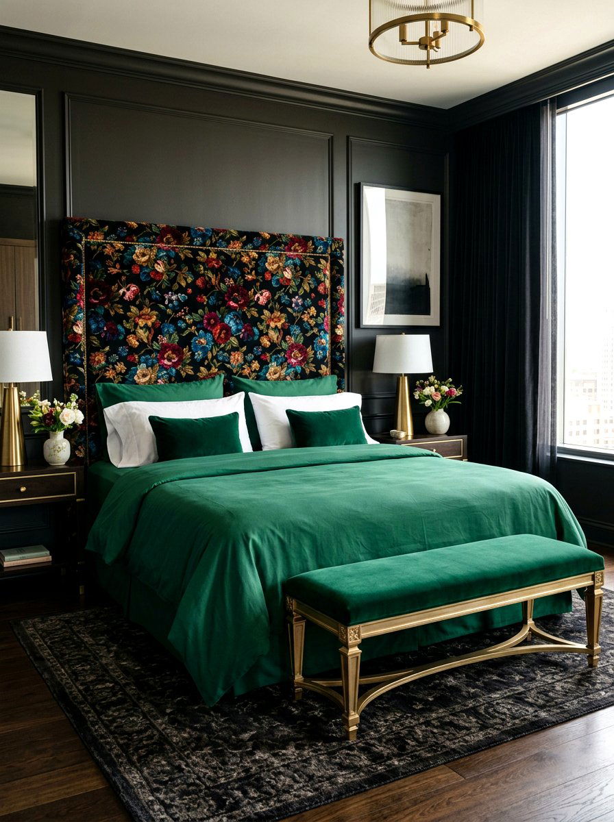 Velvet Floral Headboard - 30 romantic floral bedroom ideas