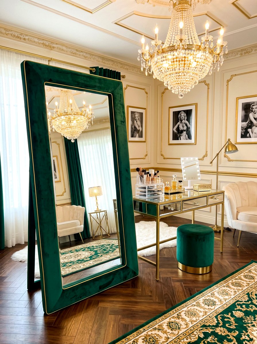Velvet Frame Leaning Mirror Glam Suite - 30 oversized mirror leaning wall ideas