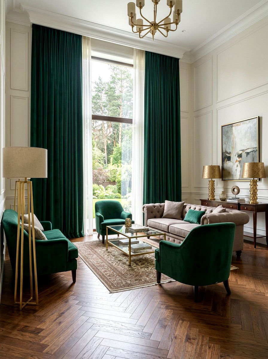 Velvet Jewel Tone Living Room - 30 tailored drapery living room ideas